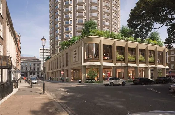 101 Knightsbridge: a stone-clad corner building with planted terraces above a colonnaded base.
